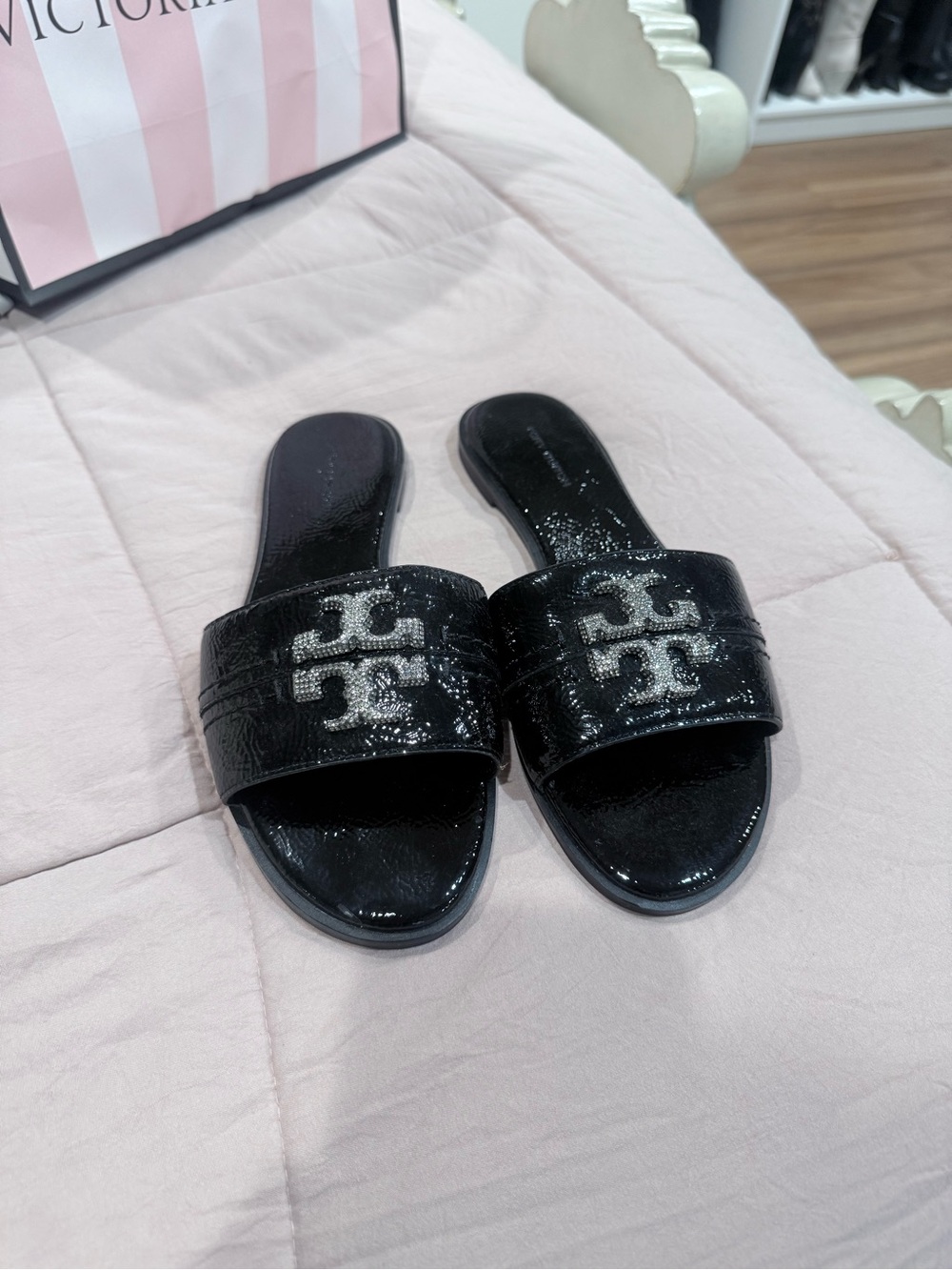 Tory Burch Black Patent Logo Crystal Slide Sandals